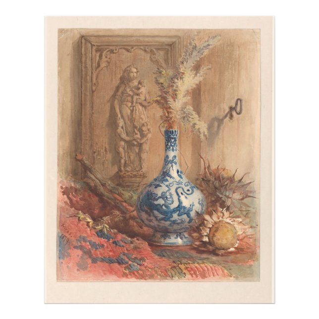 Foto Vida tranquila com vaso chinês e girassol seco (Frente)