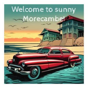 Foto Vintage na praia do carro americano. Texto editáve