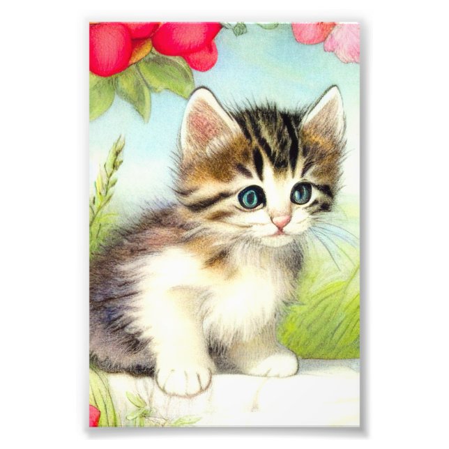 Foto Vintage White e Brown Kitten com Flores (Frente)
