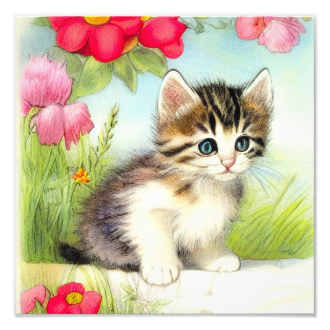 Foto Vintage White e Brown Kitten com Flores (Frente)