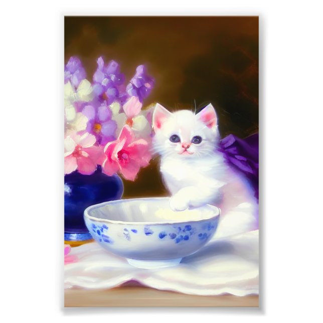 Foto Vintage White Kitten com Fita Roxa (Frente)