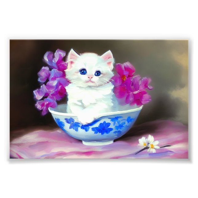 Foto Vintage White Kitten com Flores Rosa (Frente)