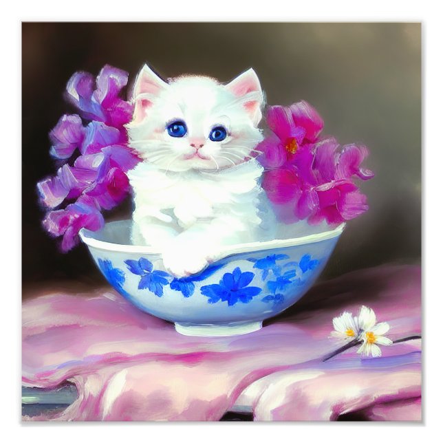 Foto Vintage White Kitten com Flores Rosa (Frente)