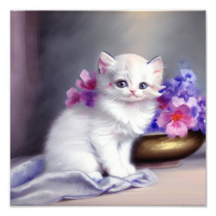 Foto Vintage White Kitten com Flores Rosa e Púrpura