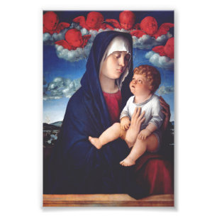 Foto Virgem Maria com Menino Jesus e querubins vermelho