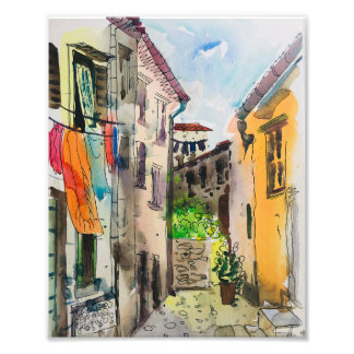 Foto Watercolor, cidade medieval europeia