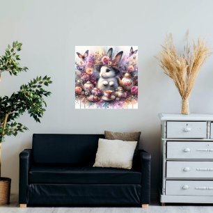 Foto Watercolor Floral Pink Purple Bunny Tea Party