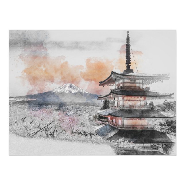 Foto Watercolor Japanese Pagoda & Mt. Fuji  (Frente)