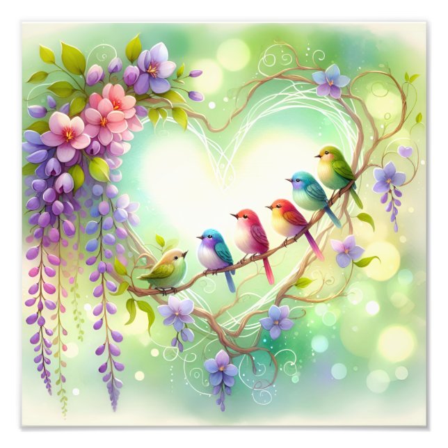 Foto Whimsical Floral Heart Birds Watercolor Design (Frente)