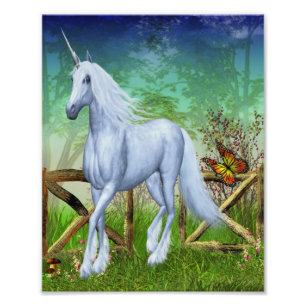 Foto White Unicorn Woodland Gate Fantasy Horse Art 8x10