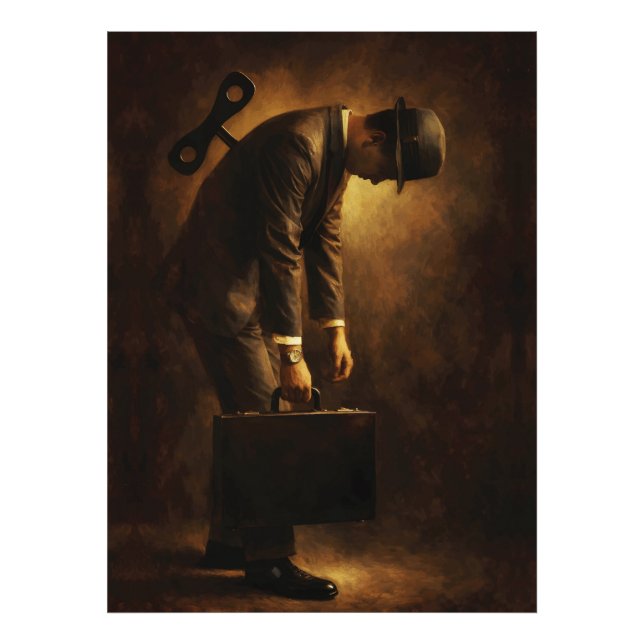 Foto Wind-Up Office Man Surreal Routine Grind Oil Paint (Frente)