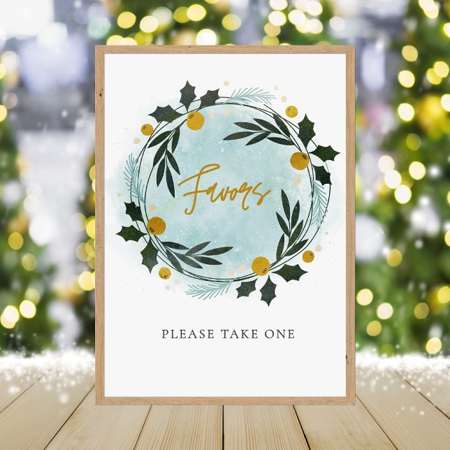 Foto  Winter Wreath Blue Gold Baby Shower Favor Sign (Criador carregado)