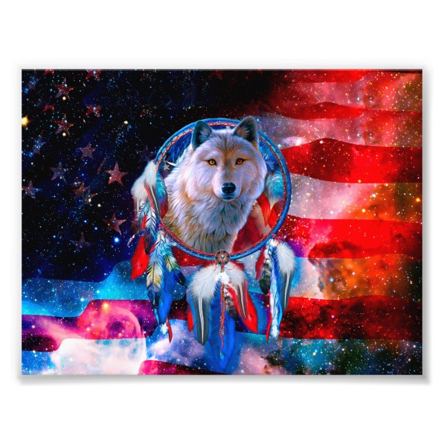 Foto Wolf and Dreamcatcher in american flag painting (Frente)