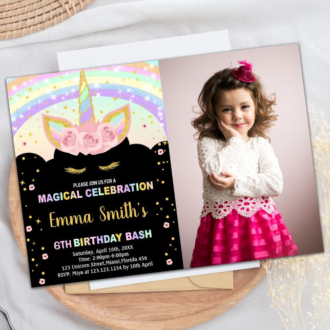 Fotografia Glitter Negra Unicorn Convites de Anive (Photo Glitter Black Unicorn Birthday Invitations)