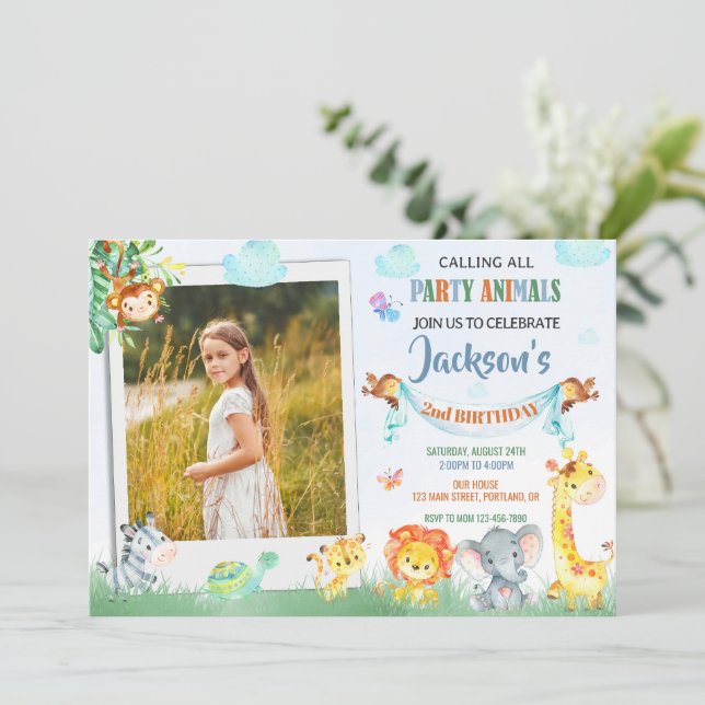 Fotografia safari convite para o aniversário (Em pé/Frente)