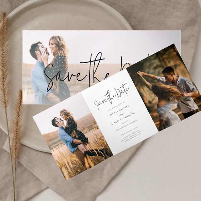 Fotografia Script Wedding Salvar O Cartão Data (Save the Date All in One Trifold Photo Collage Announcement Card)