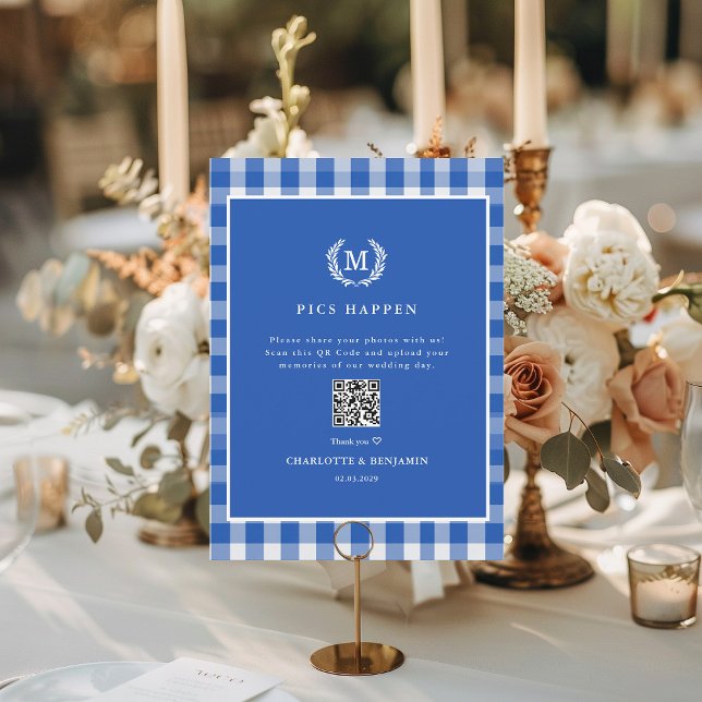FOTOS ACONTECEM! Galeria de Casamentos de Gingham  (PICS HAPPEN! QR Code Blue Gingham Wedding Gallery Card)