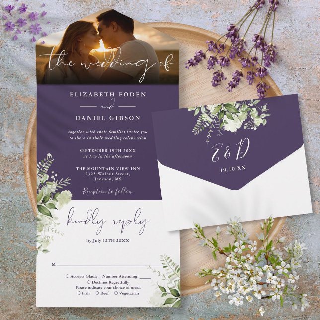Fotos de Casamento com Flora Roxa em Script (Purple Floral Greenery Script Wedding Photo All In One Invitation)