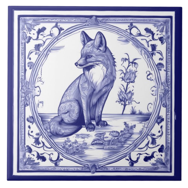 Fox Blue and White Asian Style Folk Animal Art (Frente)