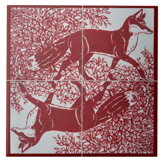 Fox Dark Red White Illustration CerâmicaTile Mural (Frente)