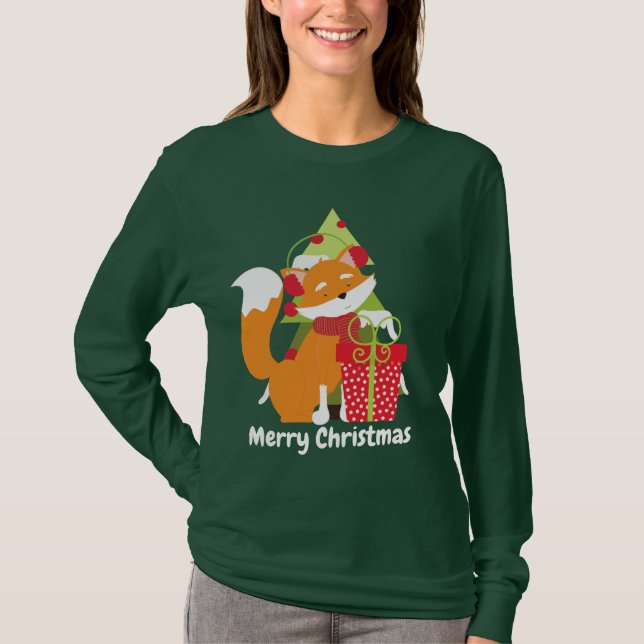 Fox e árvore de Natal adicionam camiseta de mulher (Frente)