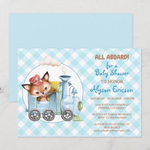 Fox e Train Gingham Blue Chá de fraldas Convite