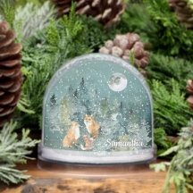 Fox Family in Forest Moon Snowfall Watercolor