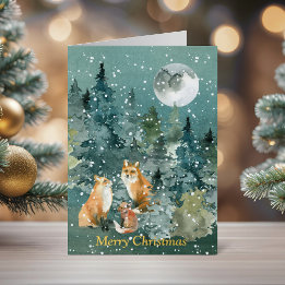 Fox Family in Forest Moon Snowfall Watercolor