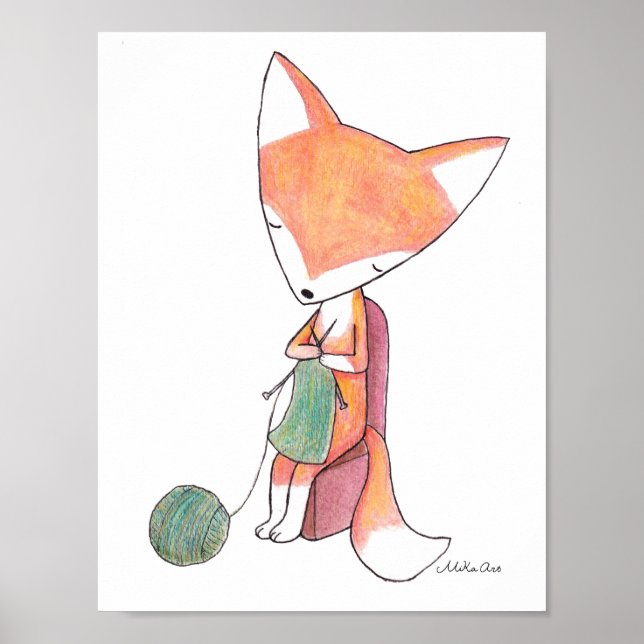 Fox Knitting Fox Wall Art Poster Woodland Nursery (Frente)
