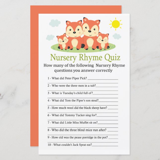 Fox Nursery Rhyme jogo de chá de fraldas do Quiz (Frente/Verso)