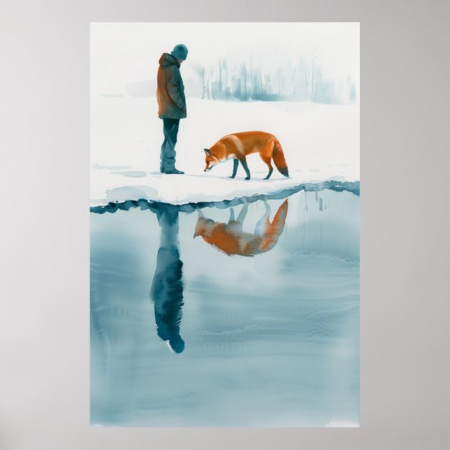 Fox Walking Beside Snow River - Nature Poster (Frente)
