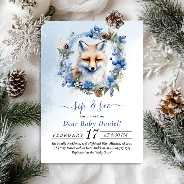 Fox Watercolor Sip e Consulte Convite (Winter Fox Watercolor Sip and See Invitation)