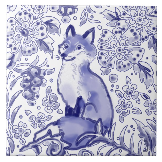 Fox Woodland Floral Blue Folk Nórdico Desenho  (Frente)