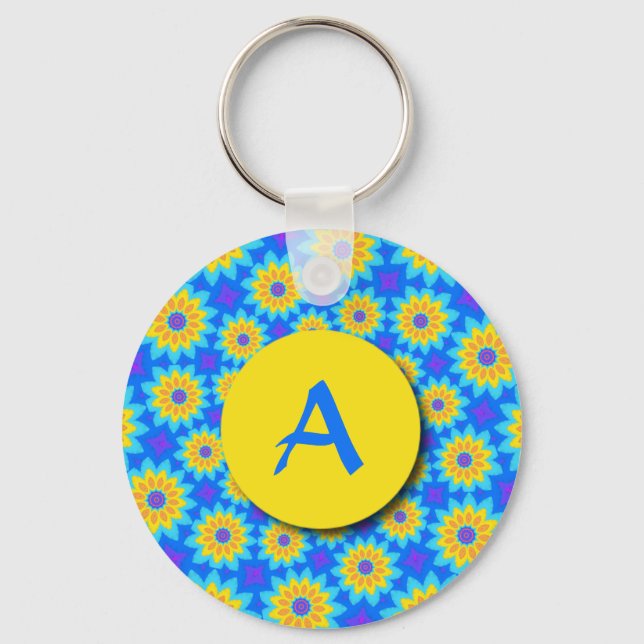Fractal Blue Patchwork Daisies Monograma Chaveiro (Frente)