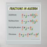 Fractions in Algebra Math Poster<br><div class="desc">Fractions in Algebra Math Poster. Simplifying fractions in Algebra: Adding Fractions,  Subtracting Fractions,  Multiplying Fractions and Dividing Fractions. For more math posters visit: www.zazzle.com/mathposters*</div>