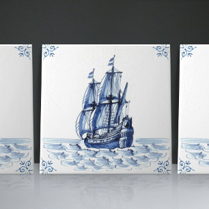 Fragata Escuna de Estilo Holandês Azul de Delft Ba