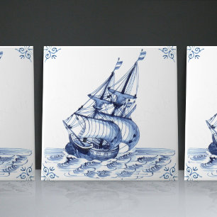 Fragata Escuna de Estilo Holandês Azul de Delft Ba