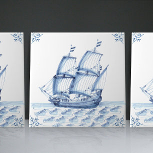 Fragata Escuna de Estilo Holandês Azul de Delft Ba