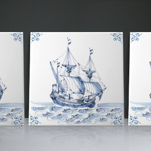 Fragata Escuna de Estilo Holandês Azul de Delft Ba