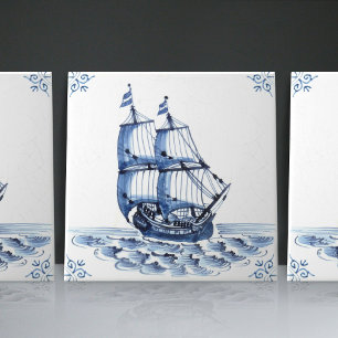 Fragata Escuna de Estilo Holandês Azul de Delft Ba