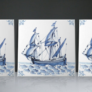 Fragata Escuna de Estilo Holandês Azul de Delft Ba