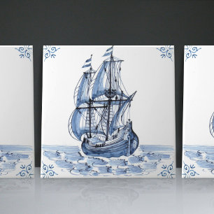 Fragata Escuna de Estilo Holandês Azul de Delft Ba