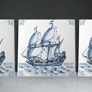 Fragata Escuna de Estilo Holandês Azul de Delft Ba