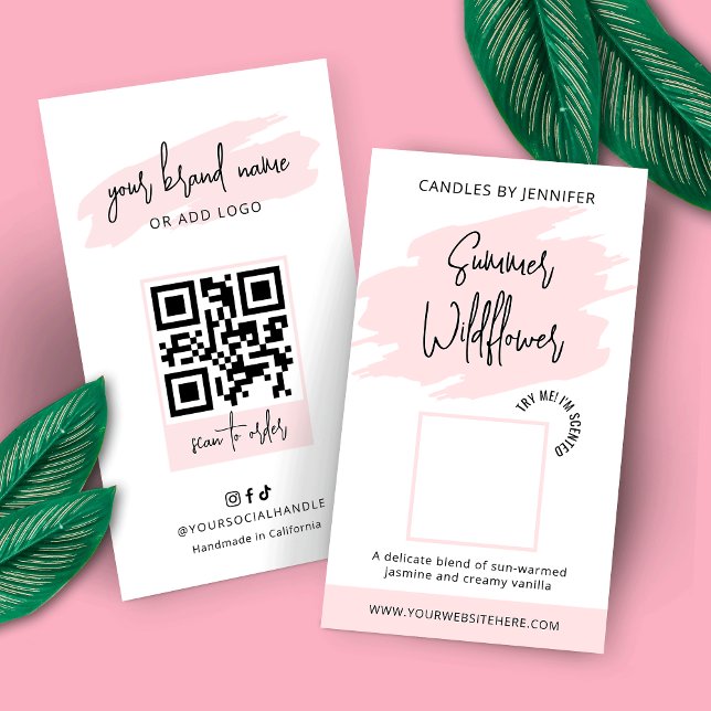 Fragrância da placa do cedor de amostra de velas - (Trendy blush pink watercolor candle fragrance tester cards with fully editable text & colors)