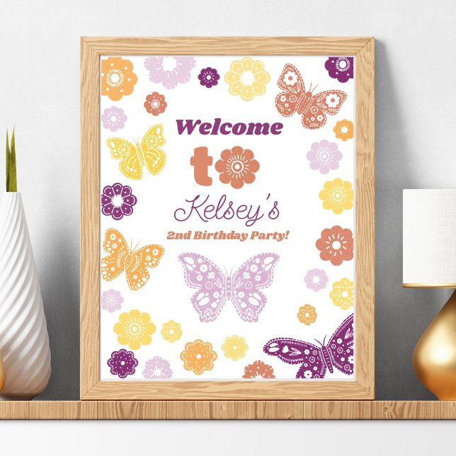 Framable Retro Butterfly Birthday (Frameable Retro Butterfly Birthday Party Welcome Sign)
