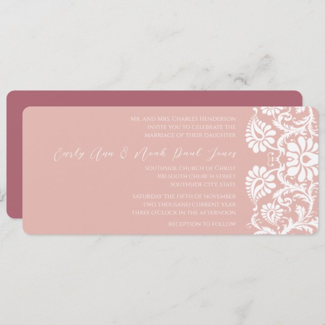 Framboesa Damask Swirls Convite Para Casamento (Frente/Verso)