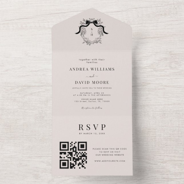 Francês Crest Monograma Ivory QR Code Casamento Ch (Inside)