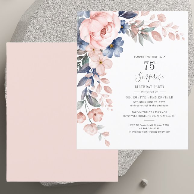 Franco-Cor-de-Rosa 75.o Convite de Aniversário (Botanical Pink Floral 75th Birthday Invitation)