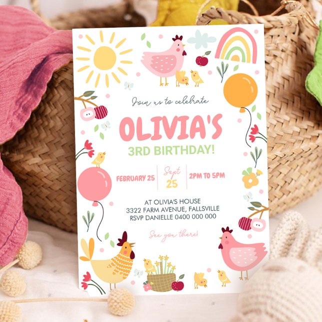 Frango Aniversário Convite Rainbow Chicken Primave (Chicken Birthday Invitation)