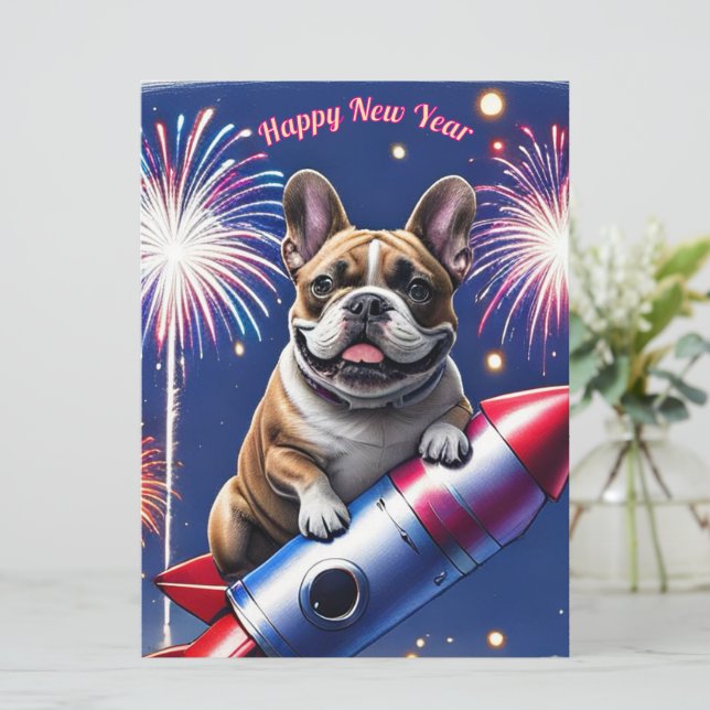 Französische Bulldogge Neujahr lustig Rakete (Em pé/Frente)